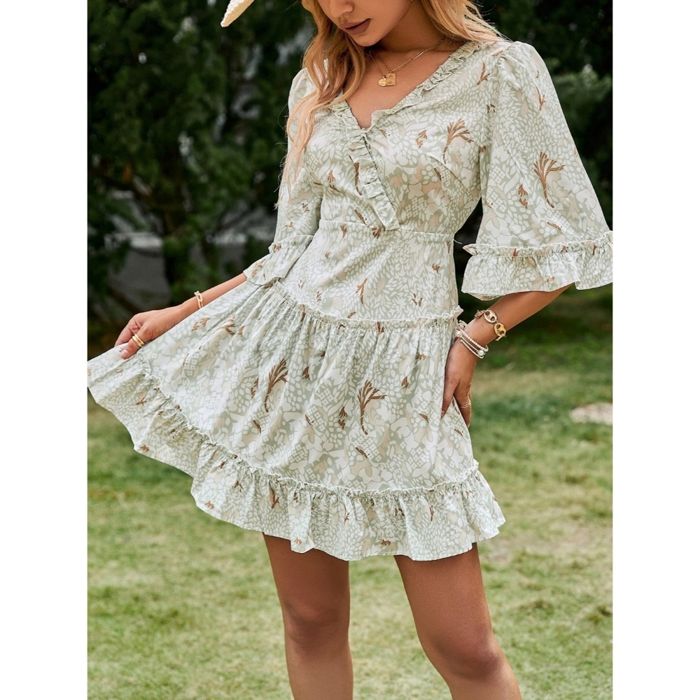 Printed Frill Trim Lace-Up Flare Sleeve Mini Dress - Picture 4 of 6